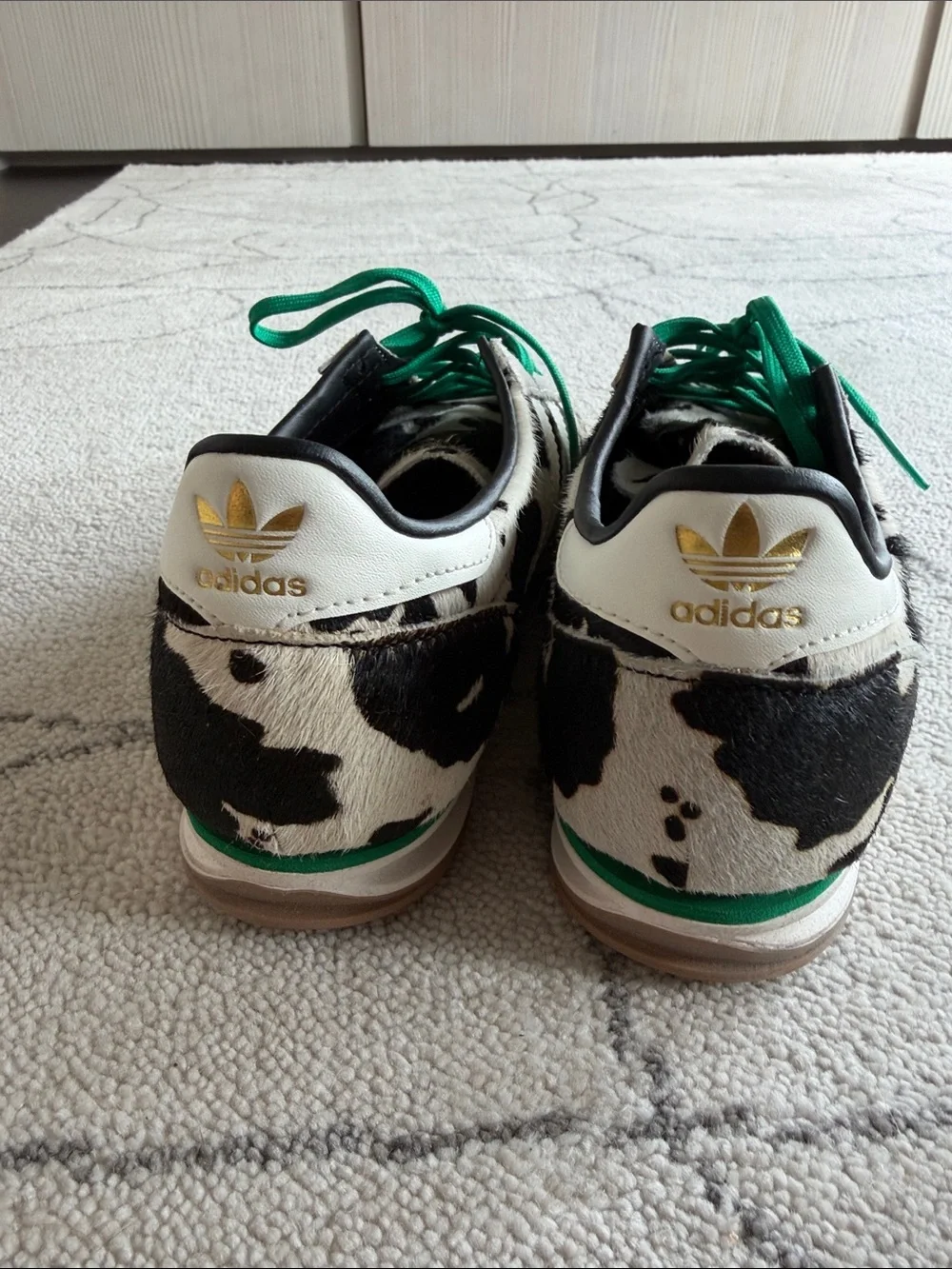 adidas Black & White Cow Print Sneakers with Green Laces - Picture 3 of 4